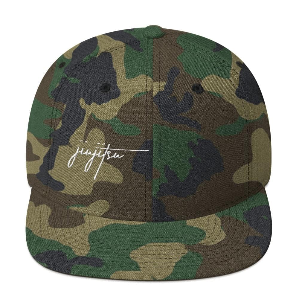 BJJ Religion Script Snapback Hat Green Camo